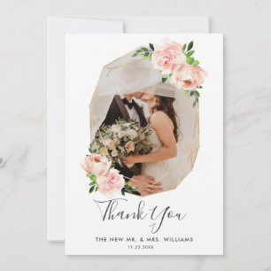 Blush Pink Bloral Gold Geometrisches Foto Hochzeit Dankeskarte