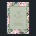 Blush Pink Bloral Mint Green 16. Geburtstag Einladung<br><div class="desc">Schönes und elegantes Rosa und Marineblau Aquarellblumen auf Pfefferminzgrün 16. Geburtstagsfeier Einladung für Teenager Mädchen Kontaktieren Sie uns für Hilfe bei der Anpassung oder den passenden Produkten</div>