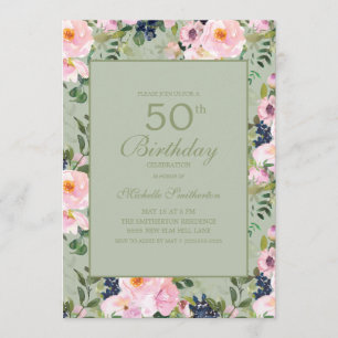 Blush Pink Bloral Mint Green 50. Geburtstag Einladung