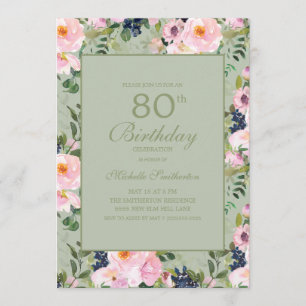 Blush Pink Bloral Mint Green 80. Geburtstag Einladung