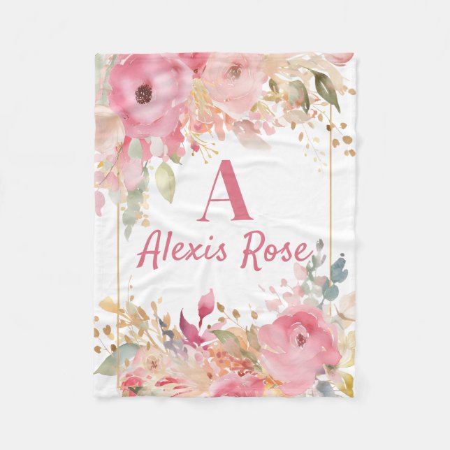 Blush Pink Bloral Monogram Baby Blanket Fleecedecke (Vorderseite)
