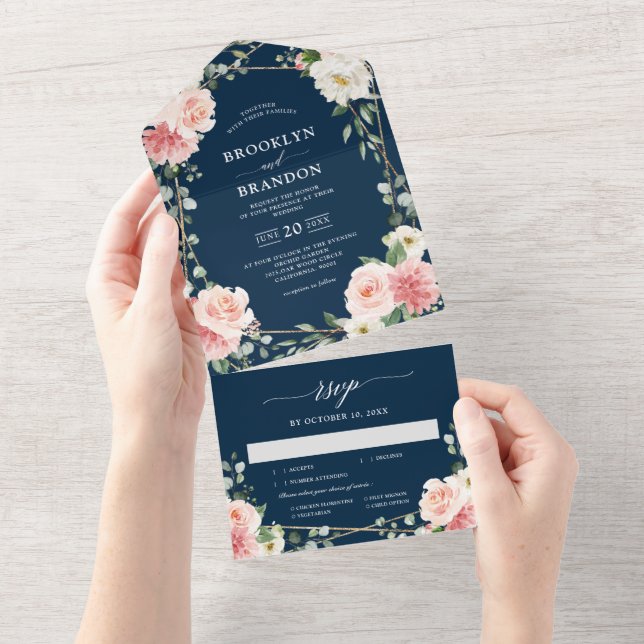 Blush Pink Bloral Navy Geometric Botanical Wedding All In One Einladung (Abreißen)