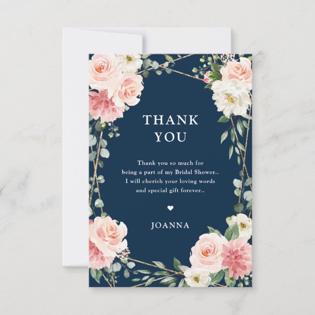 Blush Pink Bloral Navy Geometric Botanical Wedding Dankeskarte (Vorderseite)