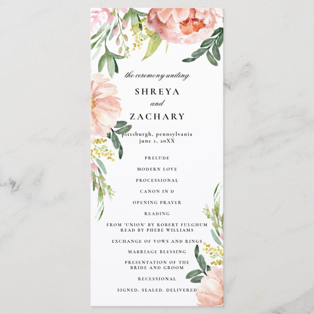 Blush Pink Bloral Peony Wedding Programm (Vorderseite)