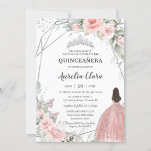 Blush Pink Bloral Prinzessin Butterfells Quinceañe Einladung