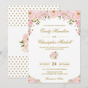 Blush Pink Bloral Wedding Einladung Gold Confetti