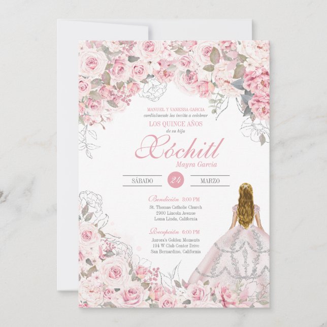 Blush Pink Blossom Elegante Quinceanera Einladung (Vorderseite)