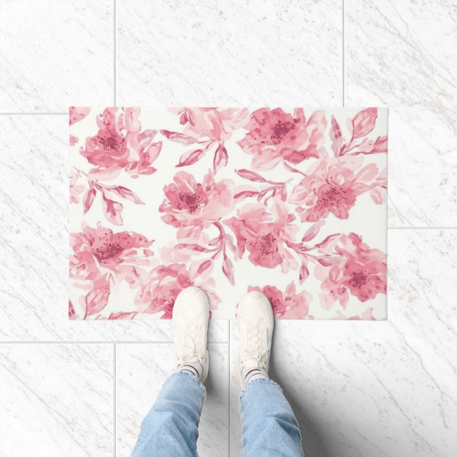 Blush Pink Blossoms Watercolor Painted Airy Floral Fußmatte (Indoor)