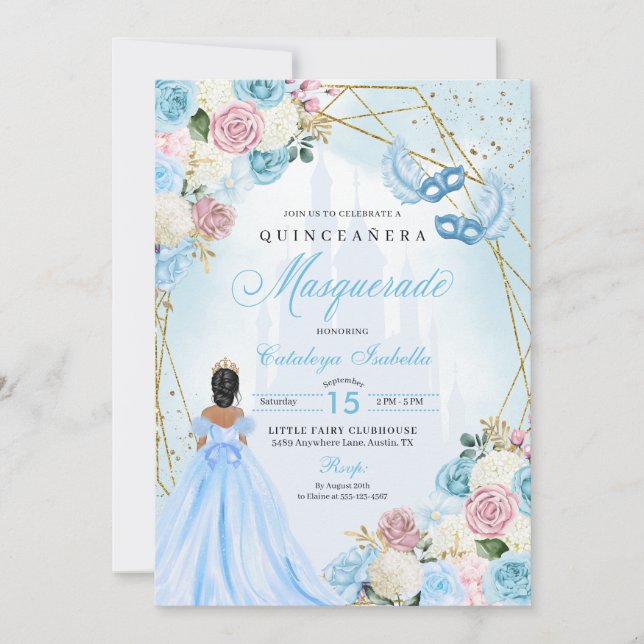 Blush Pink Blue Ainderella Masquerade Quinceanera Einladung (Vorderseite)