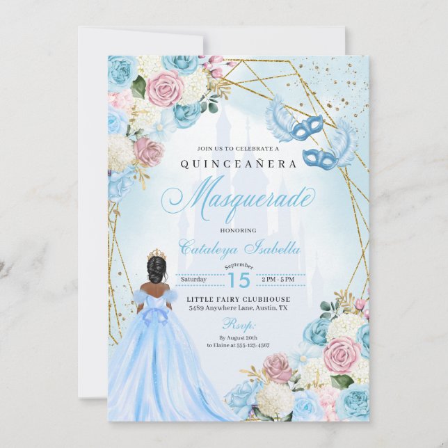 Blush Pink Blue Ainderella Masquerade Quinceanera Einladung (Vorderseite)