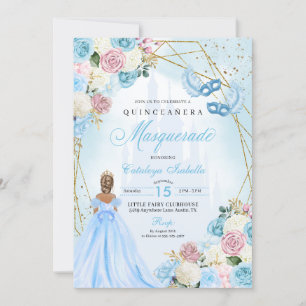 Blush Pink Blue Ainderella Masquerade Quinceanera Einladung