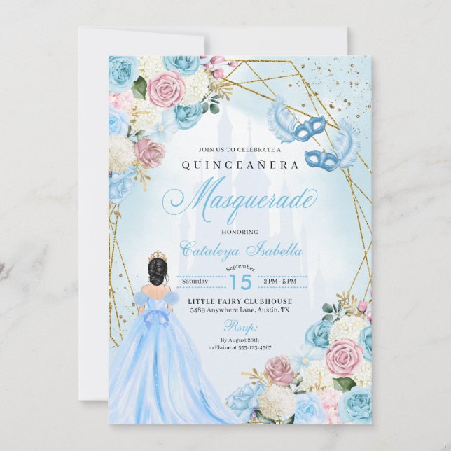 Blush Pink Blue Ainderella Masquerade Quinceanera Einladung (Vorderseite)