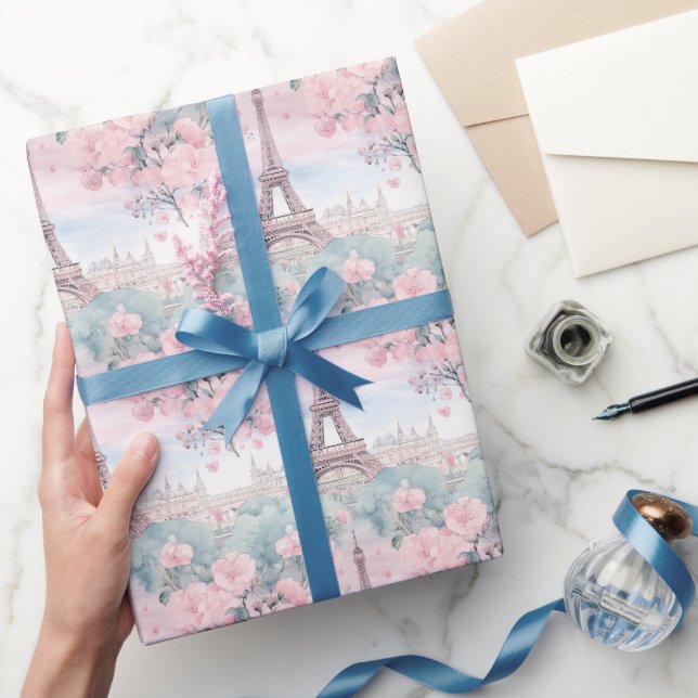 Blush Pink Blue Eiffel Tower Paris Französische La Geschenkpapier (Schenken)