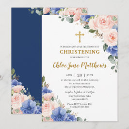 Blush Pink Blue Floral Gold Taufe Christening  Einladung