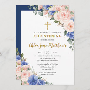 Blush Pink Blue Floral Gold Taufe Christening  Einladung
