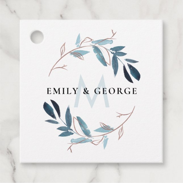 BLUSH PINK BLUE FOLIAGE MONOGRAM WEDH WEDH GESCHENKANHÄNGER (Vorderseite)