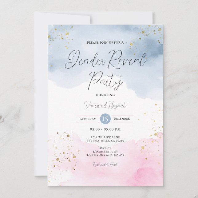 Blush Pink & Blue Gender Reveal Gold Glitzer Einladung (Vorderseite)