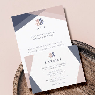 Blush Pink Blue Geometric Chinese Wedding Details Einladung
