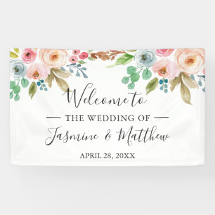 Blush Pink Blue Rose Peonies Floral Wedding Party Banner