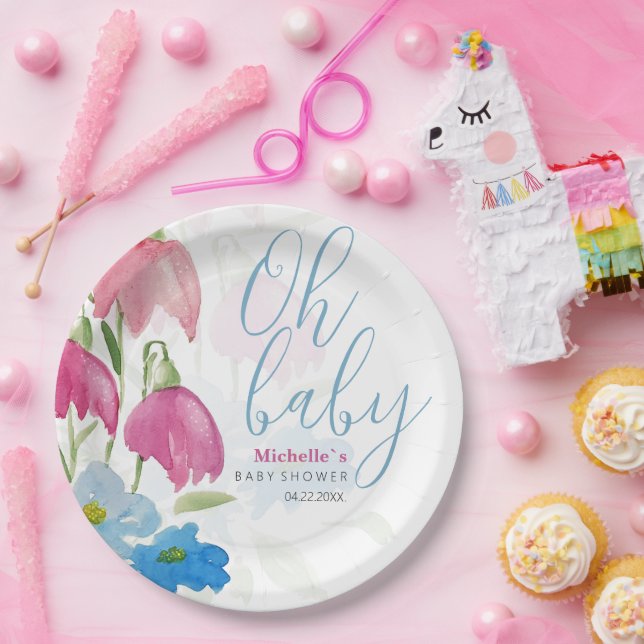Blush Pink Blue Spring Watercolor Blume Pappteller (Party)