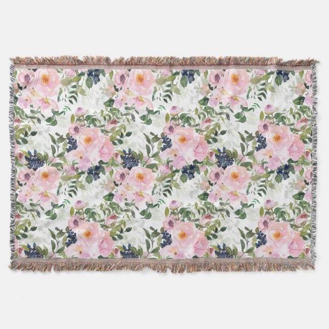 Blush Pink Blue Watercolor Blumengrün Blätter Decke (Vorderseite)