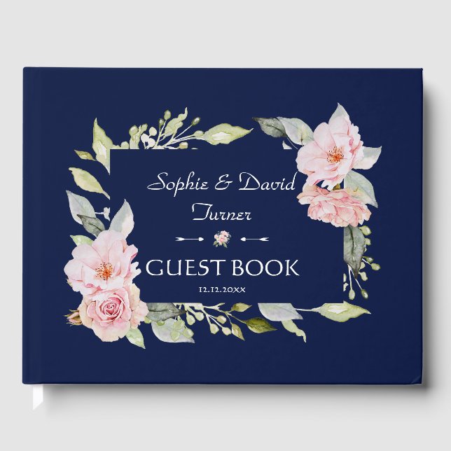 Blush Pink Blues Blütenblume Navy Blue Hochzeit Gästebuch (Vorderseite)