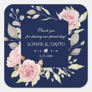 Blush Pink Blues Blütenblume Navy Blue Hochzeit Quadratischer Aufkleber