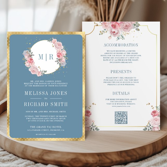 Blush Pink Blues Dusty Blue All in One Wedding Einladung (Von Creator hochgeladen)