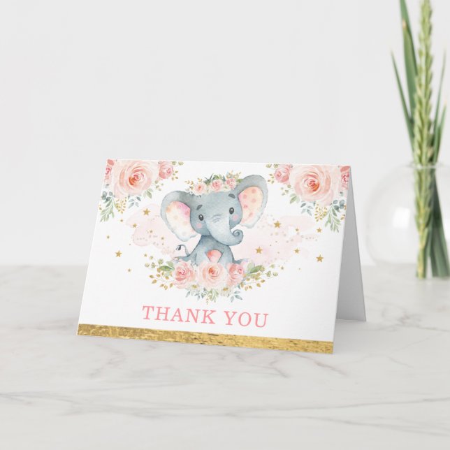 Blush Pink Blume Baby Elephant Girl Vielen Dank Karte (Vorderseite)