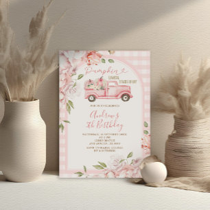 Blush Pink Blume Fall Gingham Tractor Geburtstag Einladung