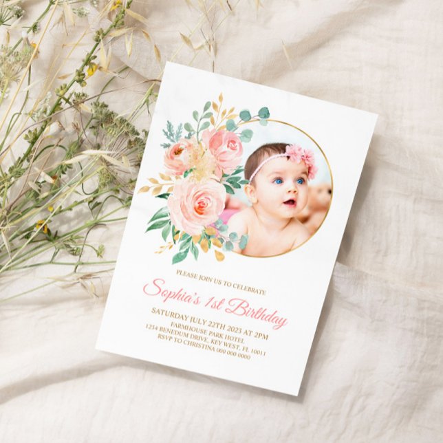 Blush Pink Blume & Gold Baby's Erster Geburtstag Einladung (Von Creator hochgeladen)