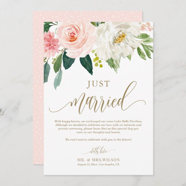 Blush Pink Blume Gold Just Married Wedding Ankündigung (Vorne/Hinten)