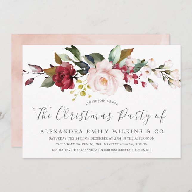 Blush Pink Blume Weihnachten Party Einladung (Vorne/Hinten)
