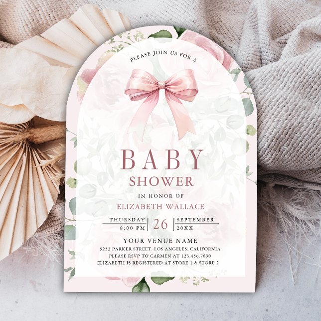 Blush Pink Blumencoquette Bow Arch Babydusche Einladung (Von Creator hochgeladen)