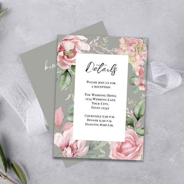 Blush Pink Blumendetails Hochzeit Begleitkarte (Elegant wedding details card with blush pink floral design and stylish grey. )