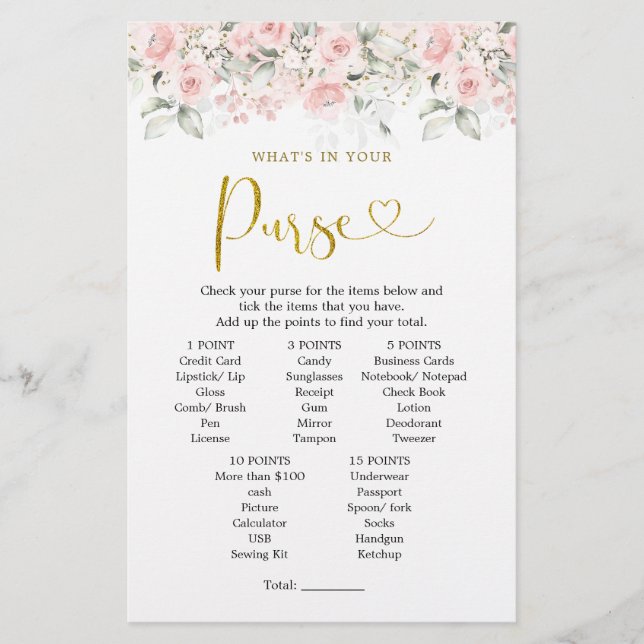 Blush Pink Blumendusche Was in Ihrer Handtasche is (Vorderseite)