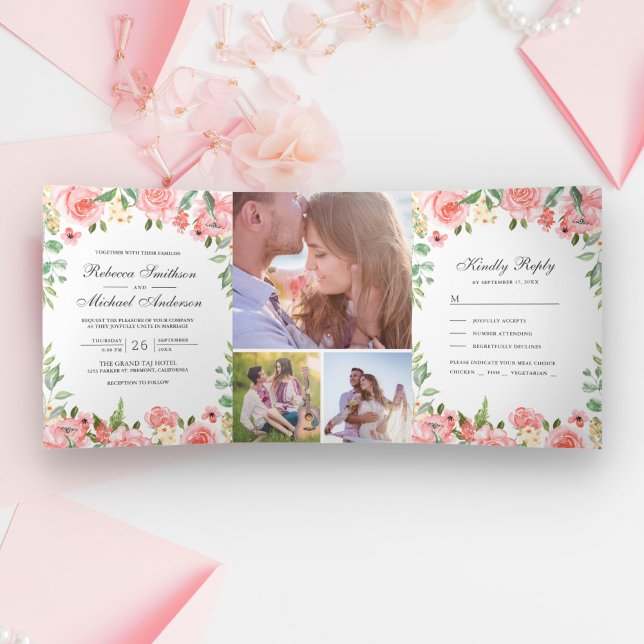 Blush Pink Blumengarten Foto Collage Wedding Dreifach Gefaltete Einladung (Von Creator hochgeladen)