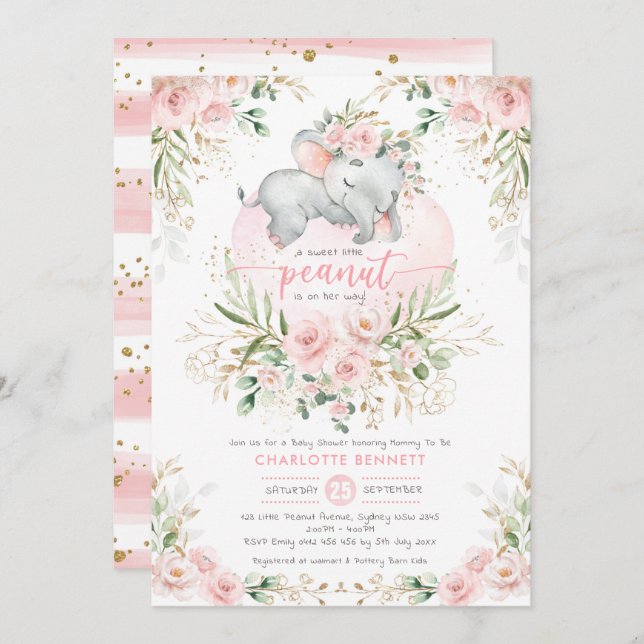 Blush Pink Blumengrün Elephant Babydusche Einladung (Vorne/Hinten)