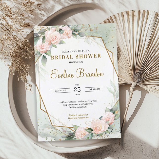 Blush Pink Blumengrün Gold Rahmen Bridal Einladung (Blush Pink Floral Greenery Gold Frame Bridal Invitation)
