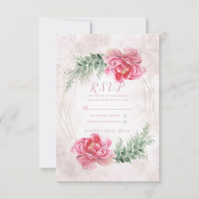 Blush Pink Blumengrün Wasserfarben Hochzeit RSVP (Vorderseite)