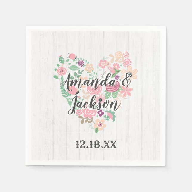 Blush Pink Blumenherz Moderne Hochzeitsmonogramm Serviette (Vorderseite)