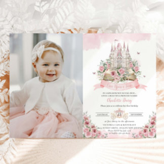 Blush Pink Blumenpracht Burg Burg Storybook Foto Einladung