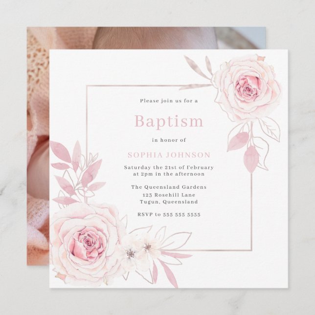 Blush Pink Blumenreath Sweet Baby Girl Taufe Einladung (Vorne/Hinten)