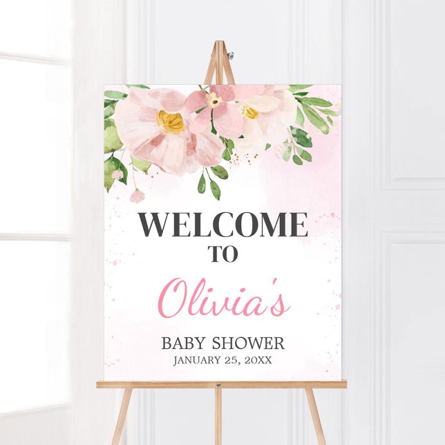 Blush Pink Blumenspülung Baby Dusche Willkommen Poster (Blush Pink Spring Floral Baby Shower Welcome Sign)
