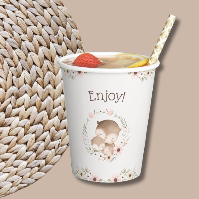 Blush Pink Blumenwald Owl Babydusche Pappbecher (Von Creator hochgeladen)