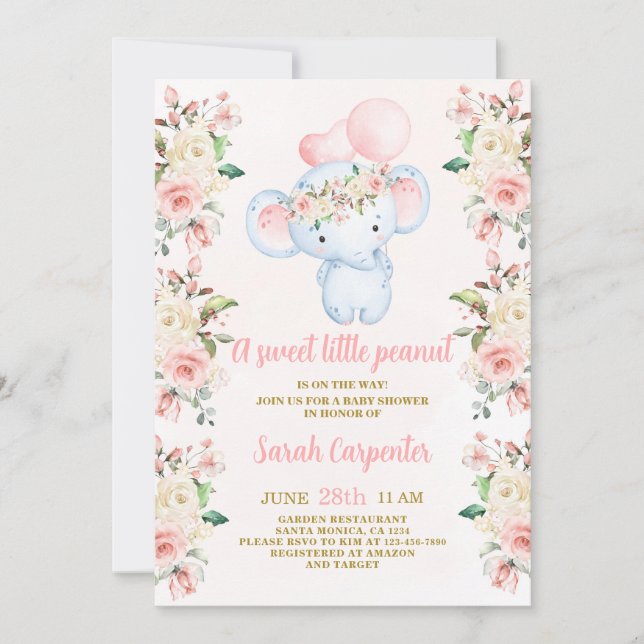Blush Pink Blütenblume Elephant Baby Shower Girl Einladung (Vorderseite)