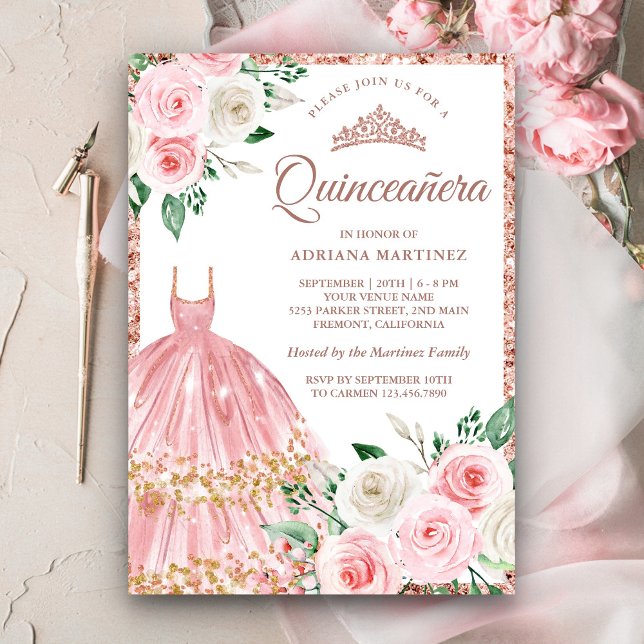 Blush Pink Blütenbraun Rose Gold Quinceanera Einladung (Von Creator hochgeladen)