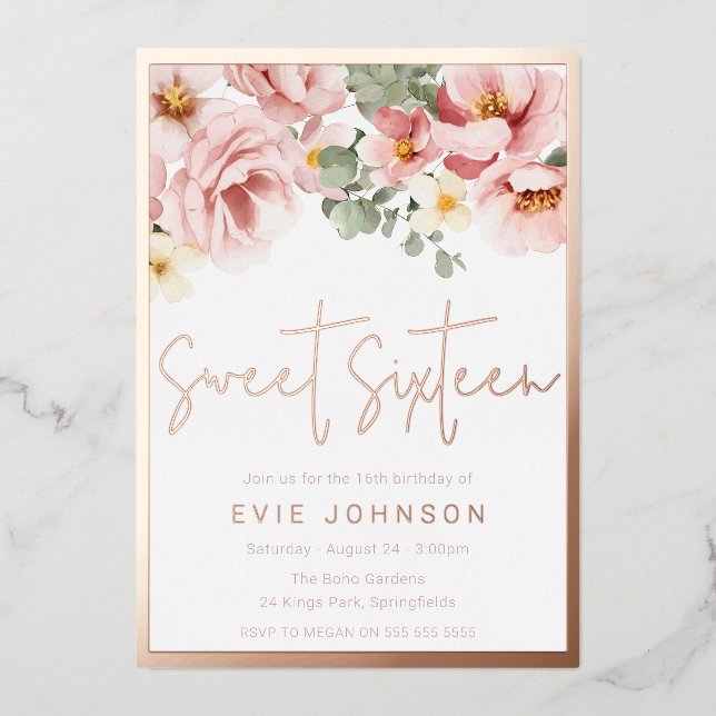 Blush Pink Blütencreme Sweet 16 Party Rose Gold Folieneinladung (Vorderseite)