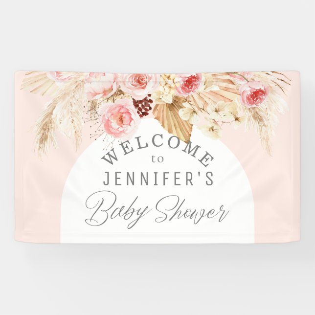 Blush pink Boho Arch Floral Pampas Babydusche Banner (Horizontal)