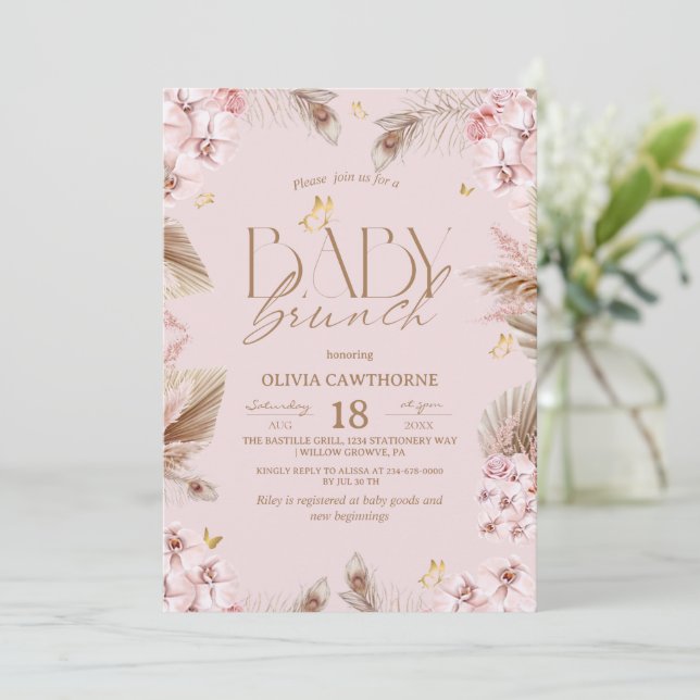  Blush Pink Boho Baby Shower Girl Baby Brunch  Einladung (Stehend Vorderseite)